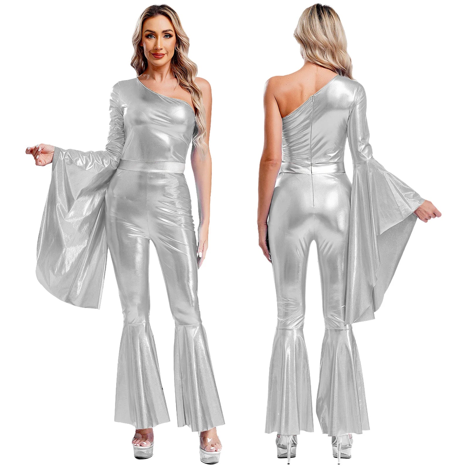 Women's Metallic Disco Jumpsuit | One Shoulder | Bell Bottom