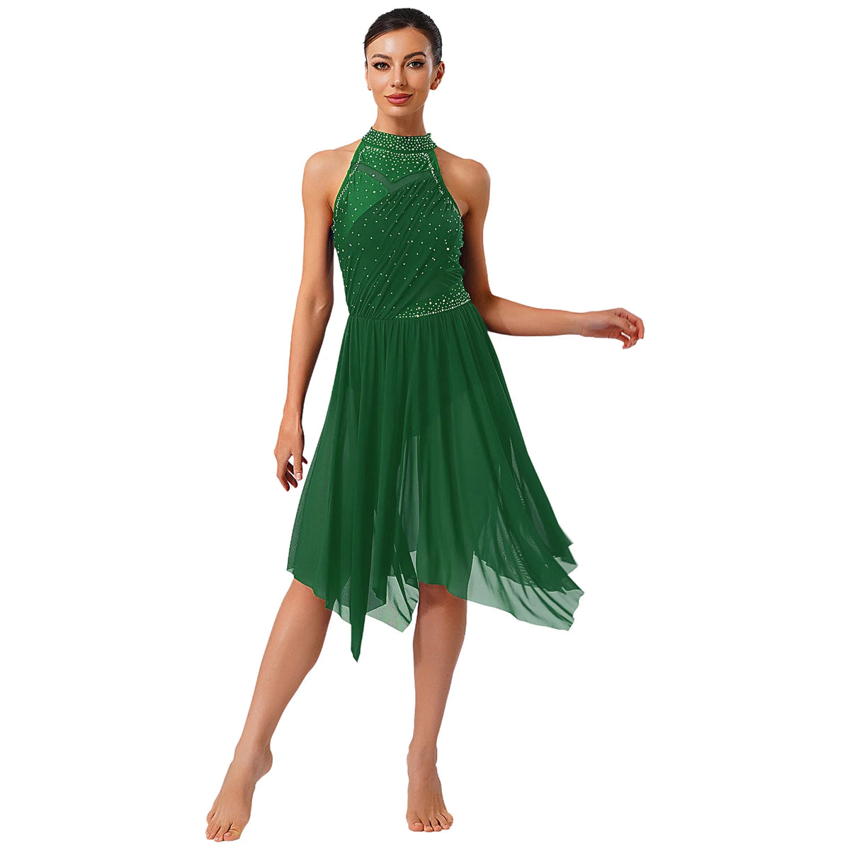 Women's Rhinestone Halter Lyrical Dance Dress | Irregular Mesh Ruffle Hem | Competition & Performance