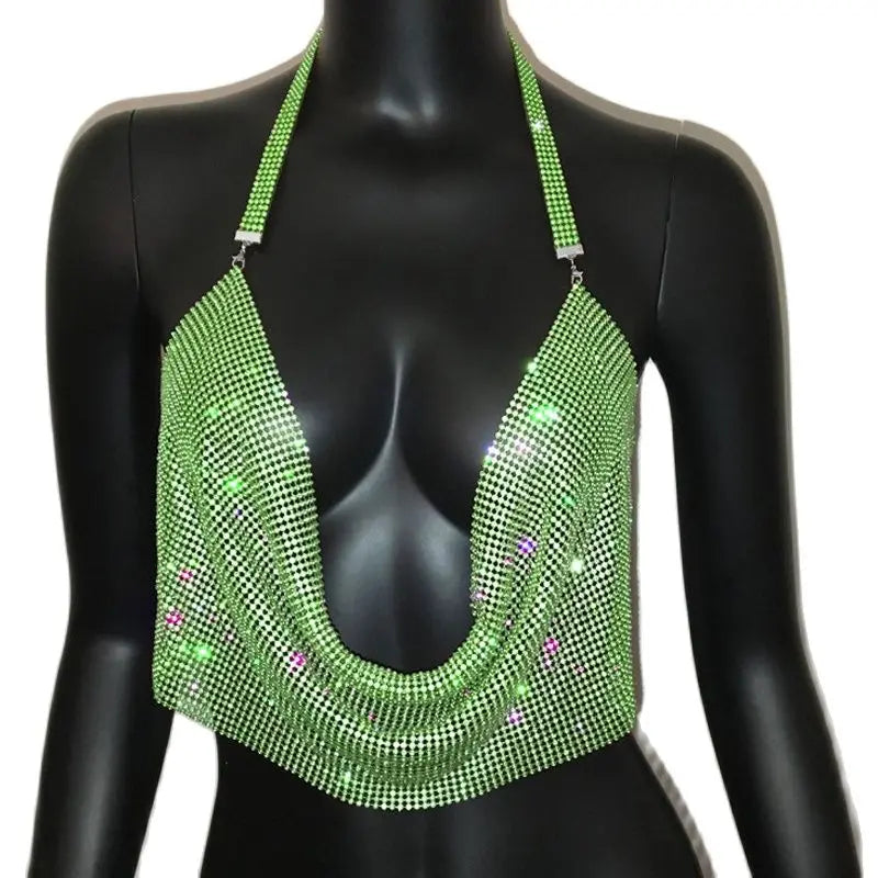 Rhinestone Crystal Deep V Crop Top - Sheer Backless Adjustable Tank