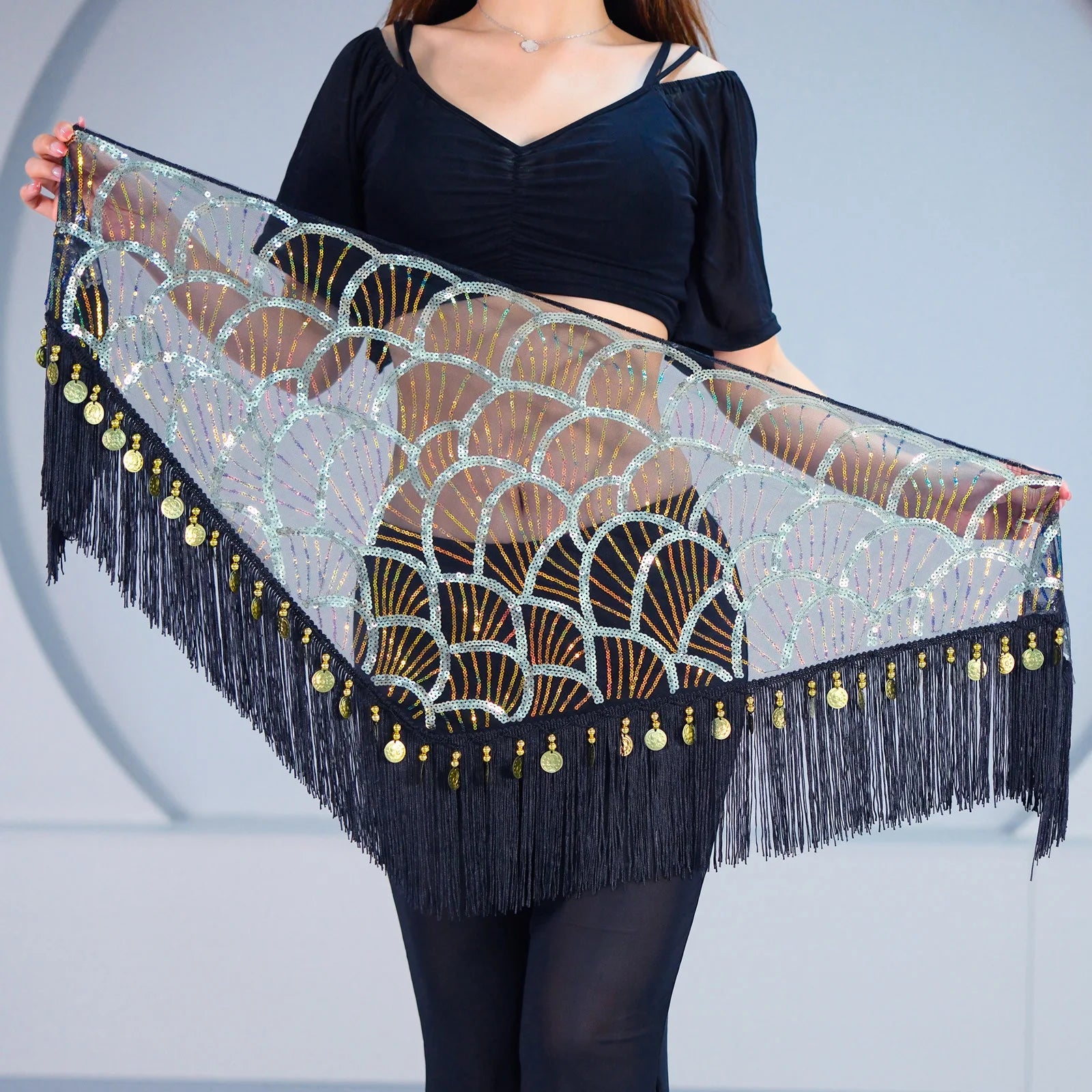Belly Dance Hip Scarf | Sequin Fringe | Gold Coins