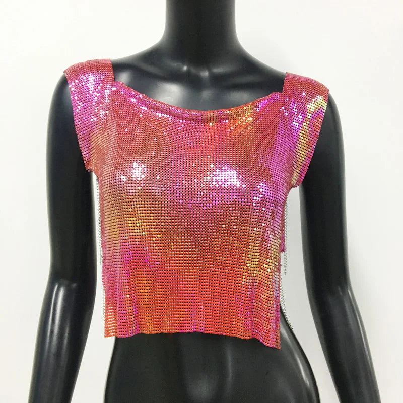 Sequin Backless Crop Top - Diamond Metal Party Tank