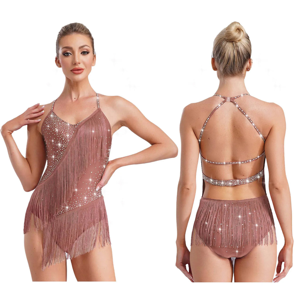 Rhinestone Tassel Latin Leotard | Halter Neck | Backless | Fringe Skirt