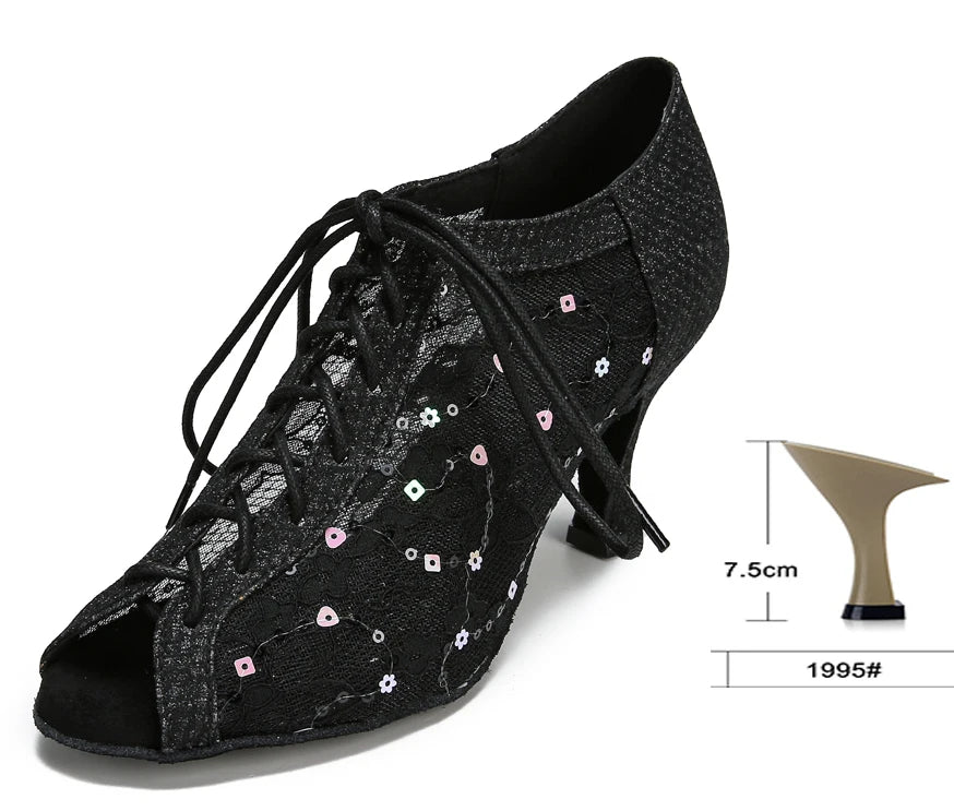 Glitter Latin Dance Boots | Lace-Up | Cuban Heel | Silver, Gold & Black