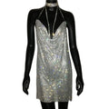 Rhinestone Mini Dress - Sheer Sequin Bodycon Dress with Asymmetric Neckline