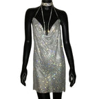 Rhinestone Mini Dress - Sheer Sequin Bodycon Dress with Asymmetric Neckline