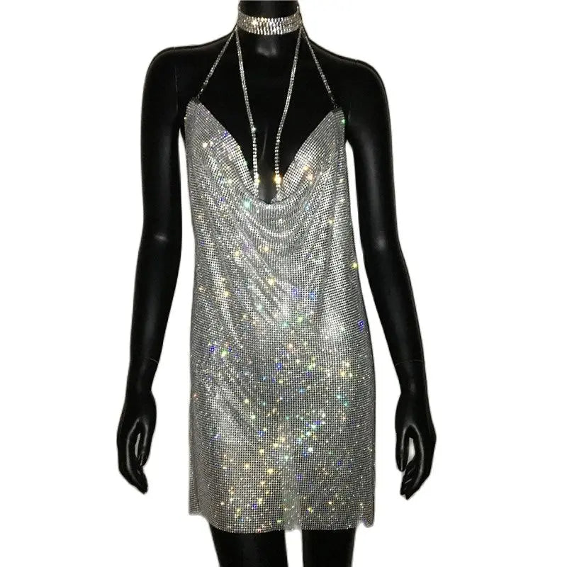 Rhinestone Mini Dress - Sheer Sequin Bodycon Dress with Asymmetric Neckline