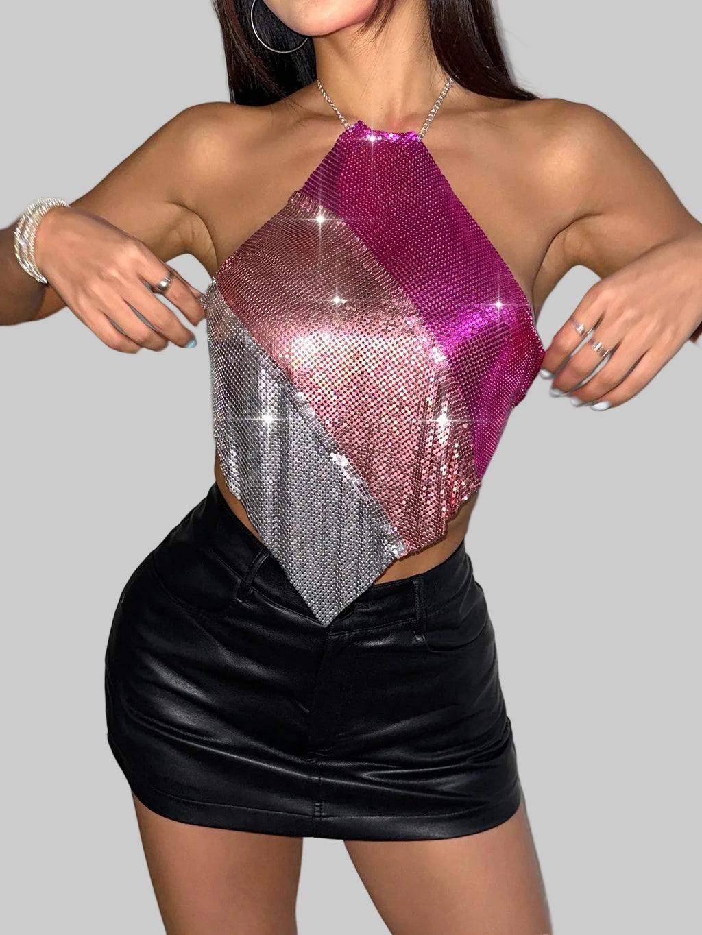 Metal Sequin Halter Crop Top - Backless Off-Shoulder Sling Tank