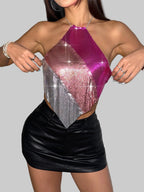 Metal Sequin Halter Crop Top - Backless Off-Shoulder Sling Tank