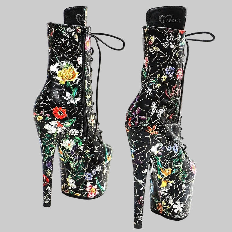 Floral 7-Inch Platform Pole Dance Ankle Boots