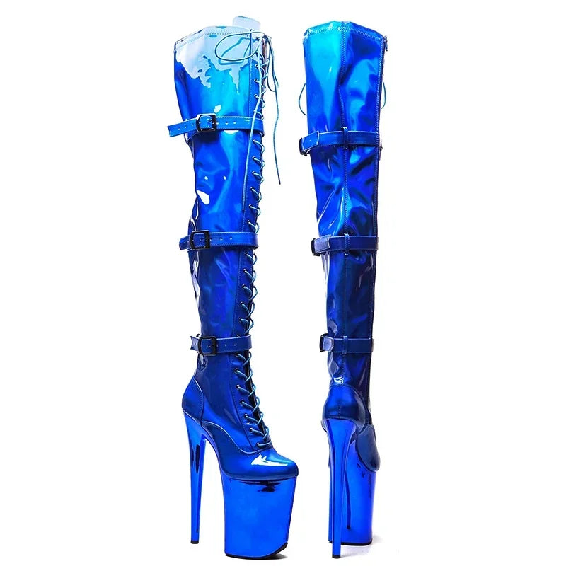 23CM Platform Thigh-High Boots - Shiny Electroplate Over-the-Knee Pole Dance Boots