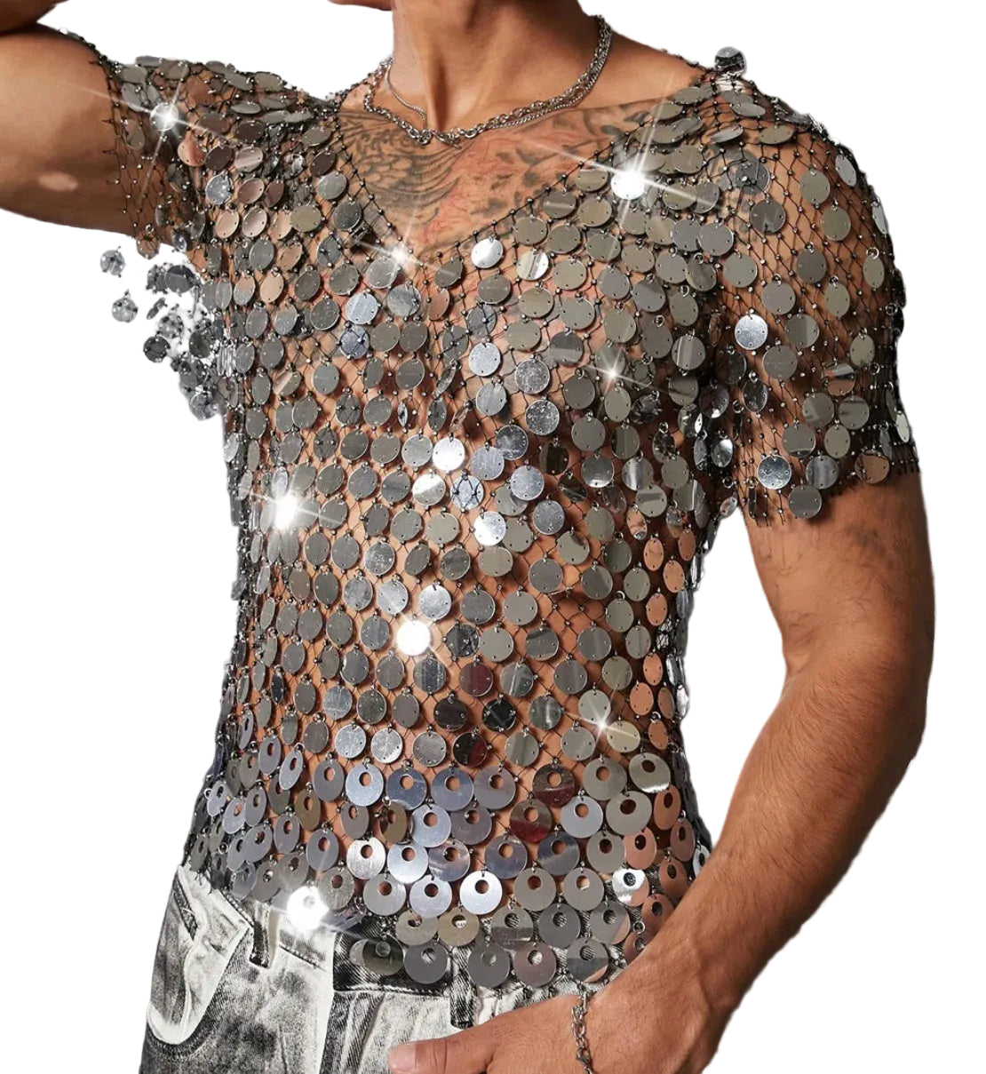 Men’s Sequin Mesh Top | Silver Discs