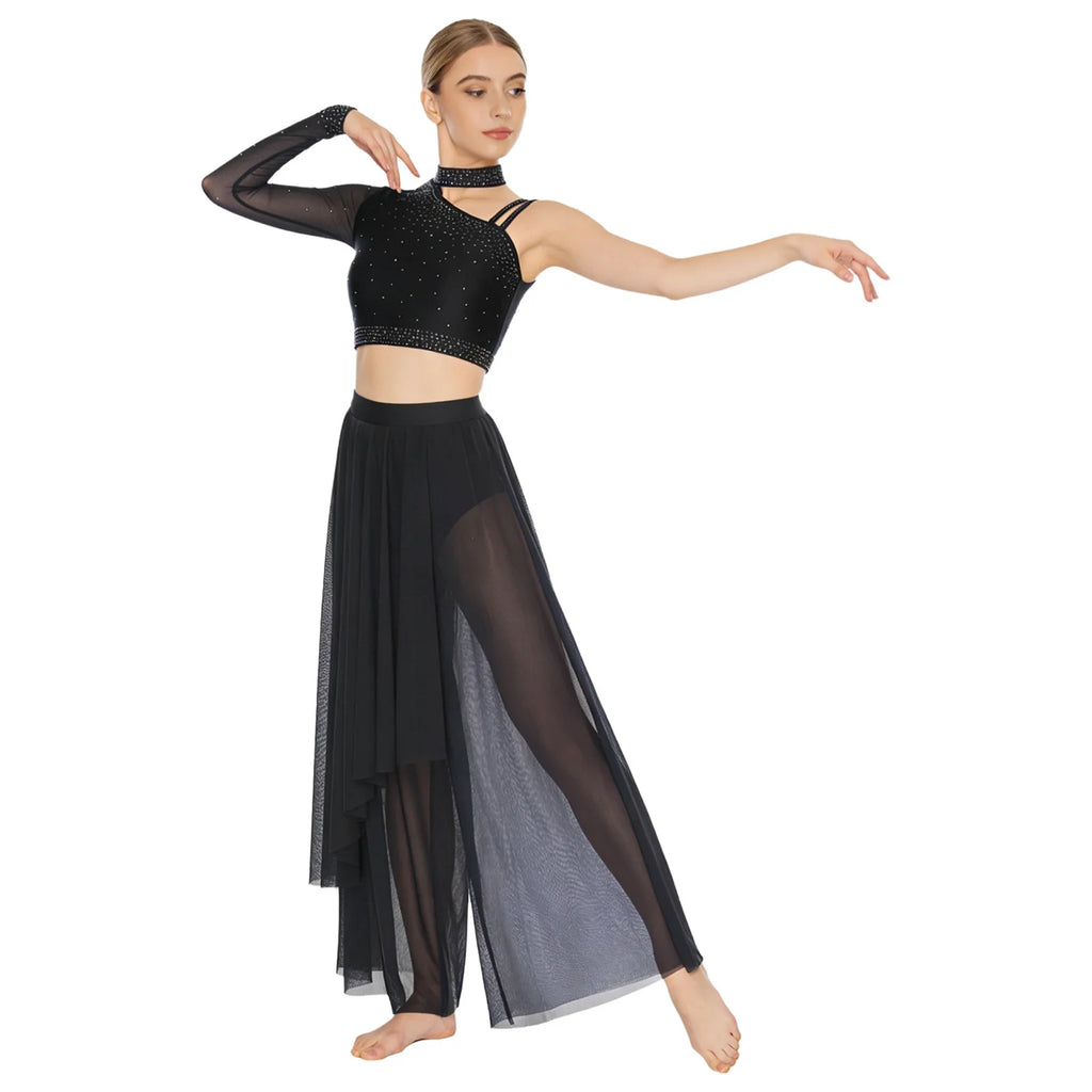 Rhinestone Crop Top & Sheer Pants Set | Lyrical Dance | Built-In Brief