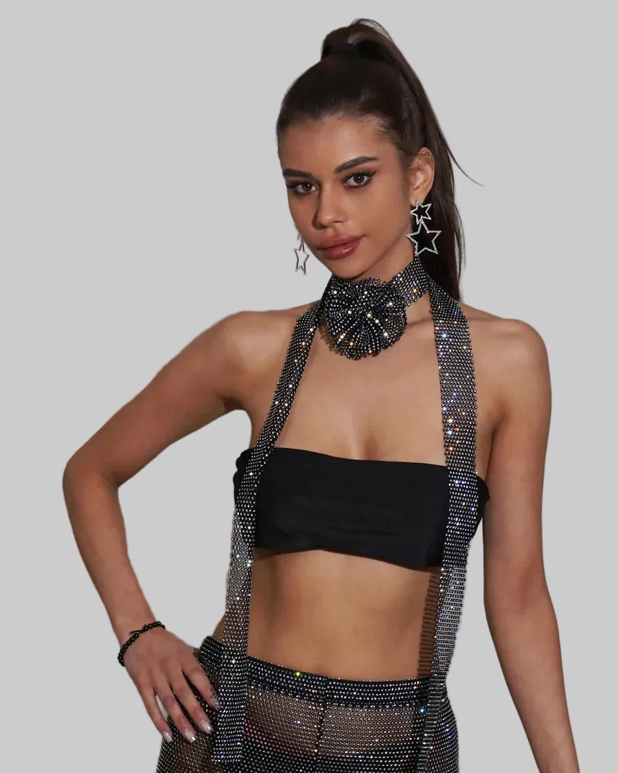 Rhinestone Flower Fishnet Scarf - Sheer Party Cover-Up Shawl