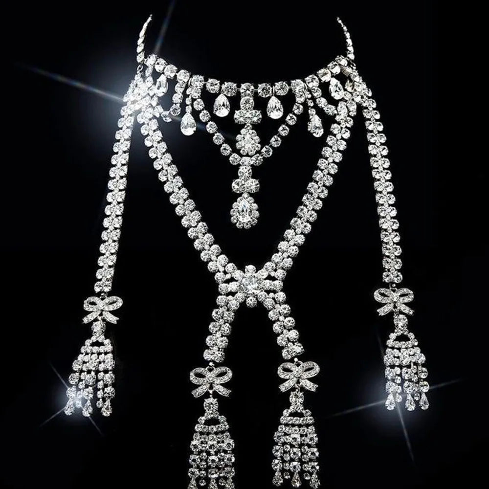 Rhinestone Bowknot Tassel Body Chain | Crystal Silver