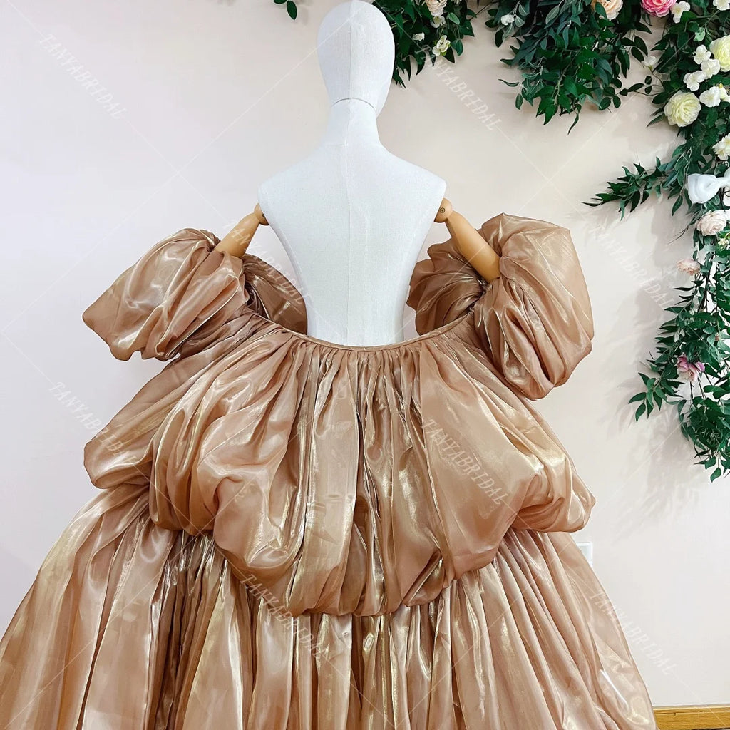 Shiny Organza Cape | Puffy Sleeves & Tiered Train | Pageant & Prom