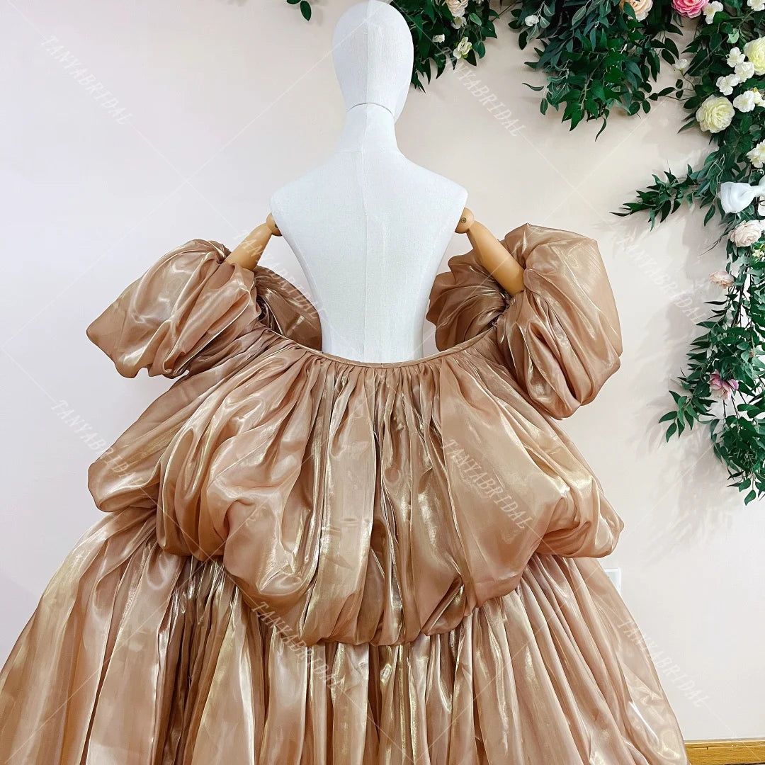 Shiny Organza Cape | Puffy Sleeves & Tiered Train | Pageant & Prom