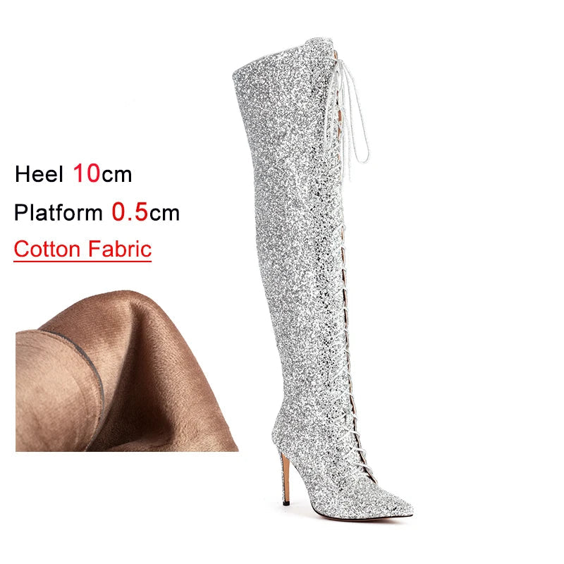 Sequin Over-the-Knee Boots | Lace-Up | 10cm Heel