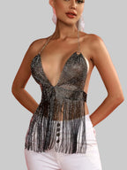 Rhinestone Tassel V-Neck Camisole - Backless Tank Top
