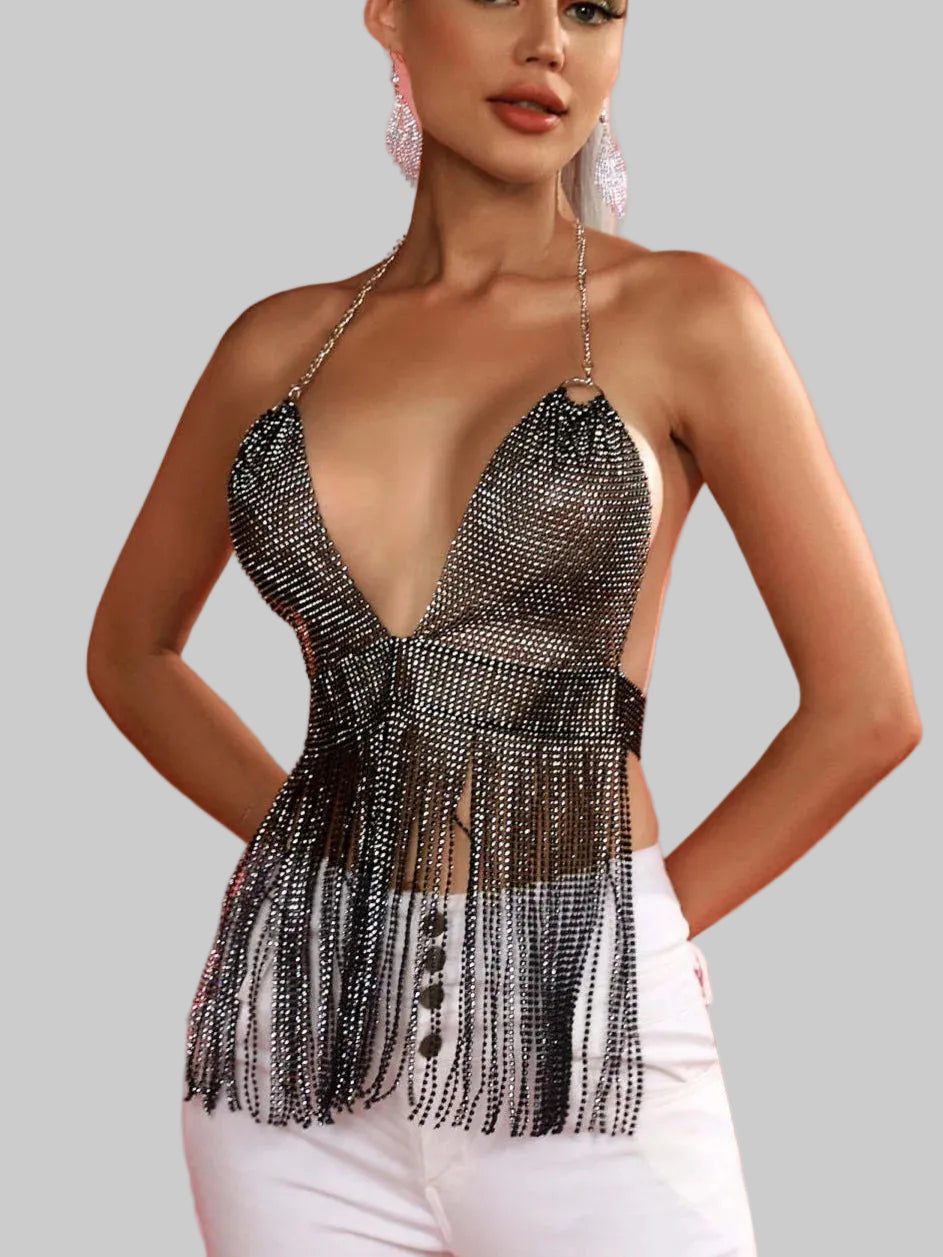 Rhinestone Tassel V-Neck Camisole - Backless Tank Top