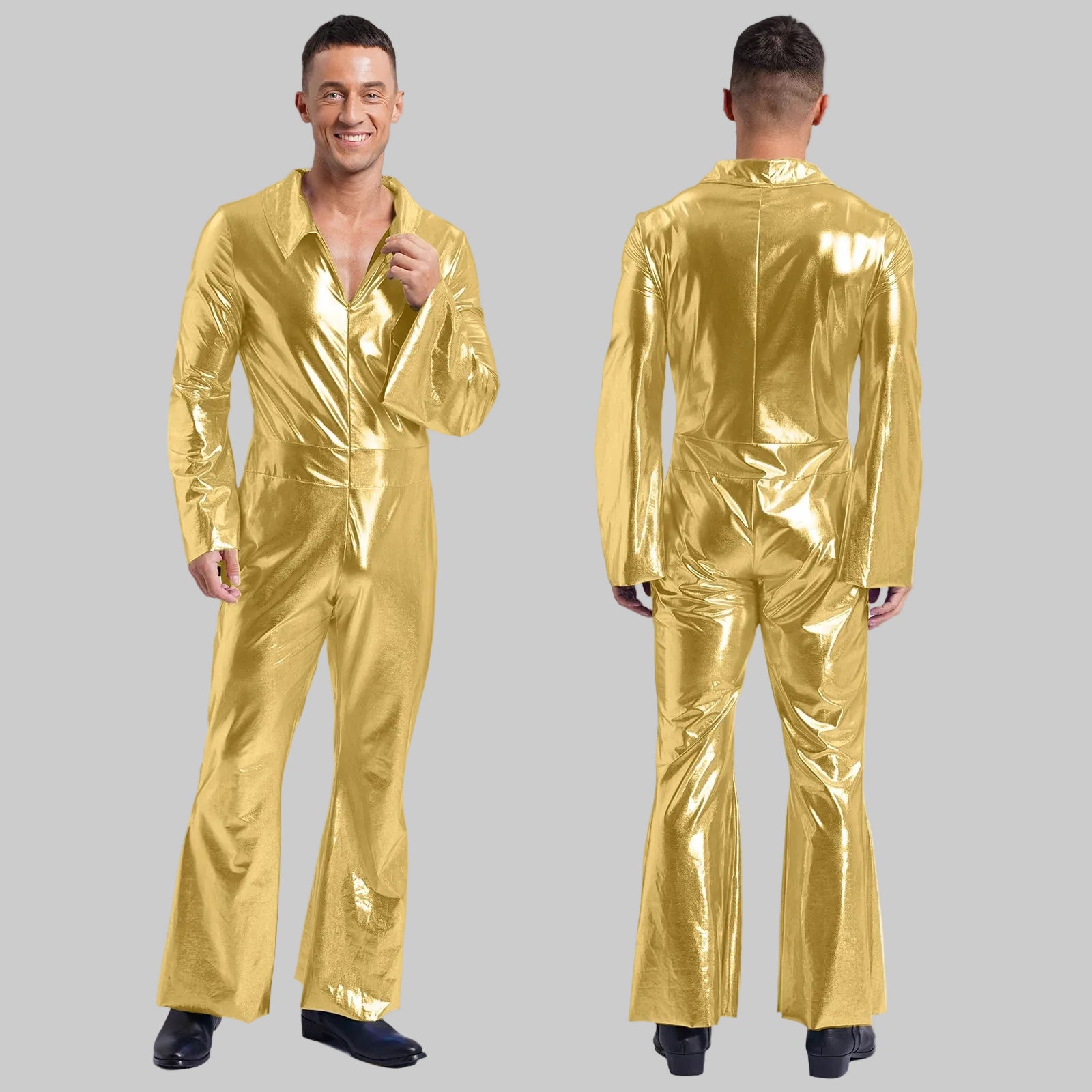 Men's 80s Disco Metallic Jumpsuit - Bell Bottom Performance Romper