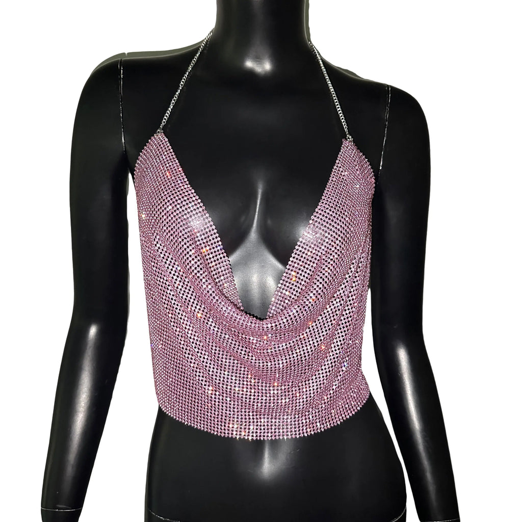 Diamond Metal Halter Crop Top - Deep V-Neck Backless Camisole