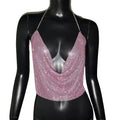 Diamond Metal Halter Crop Top - Deep V-Neck Backless Camisole