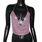 Diamond Metal Halter Crop Top - Deep V-Neck Backless Camisole