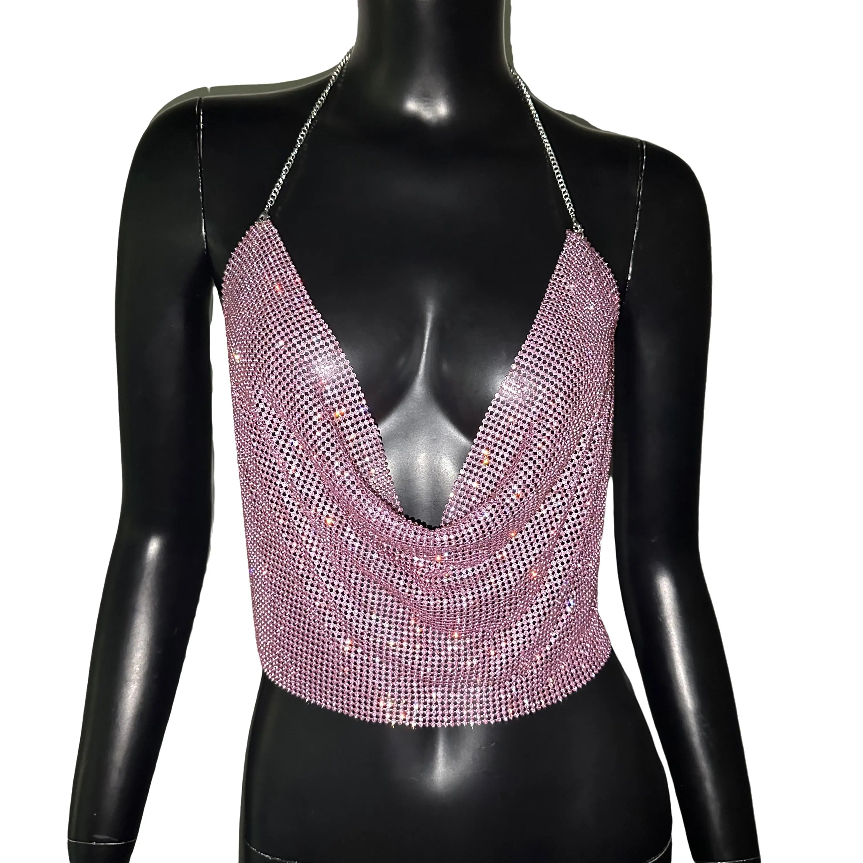 Diamond Metal Halter Crop Top - Deep V-Neck Backless Camisole