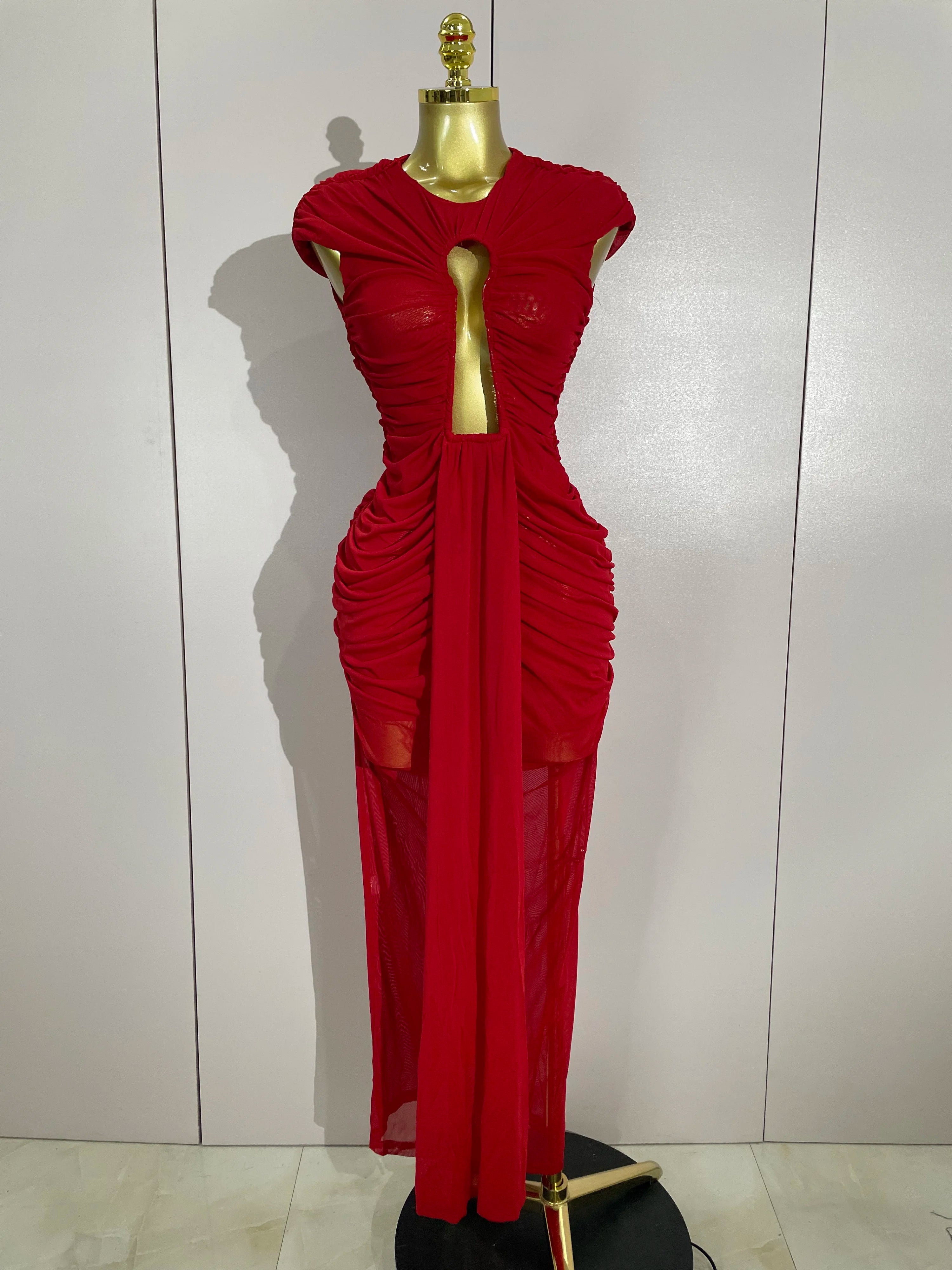 Mesh Bodycon Maxi Dress | O-Neck | High Slit | Stage
