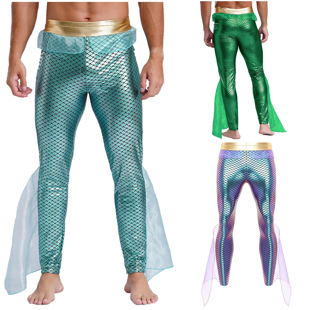 Men's Mermaid Leggings | Metallic Fish-Scale Print | Tulle Trim