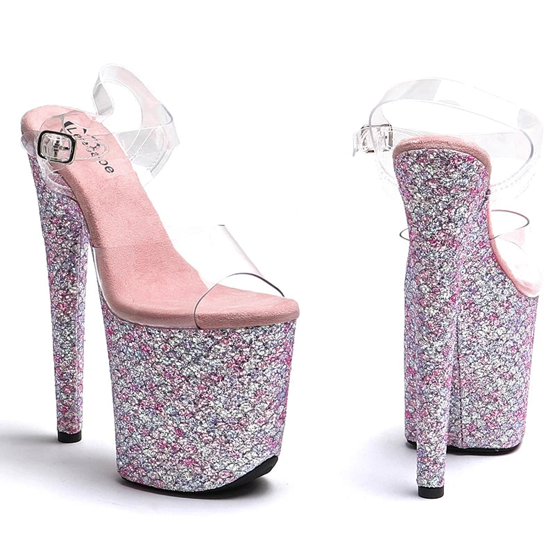20cm Clear Platform Sandals - Open Toe Glitter Dance Heels