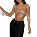 Rhinestone Mesh Long Sleeve Crop Top - Backless V-Neck