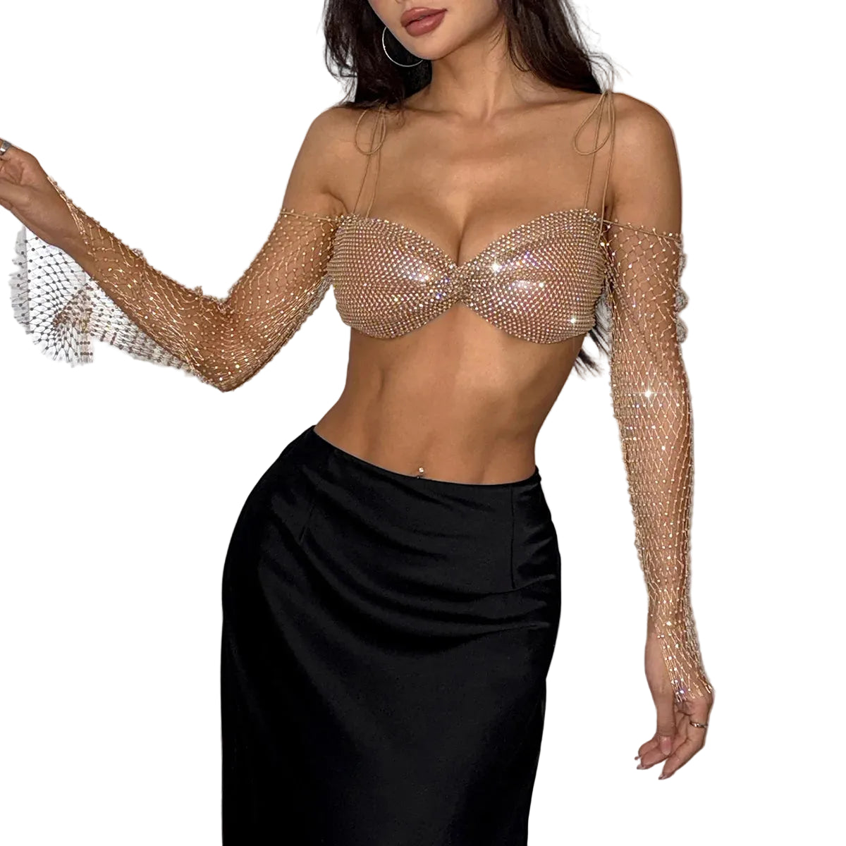 Rhinestone Mesh Long Sleeve Crop Top - Backless V-Neck