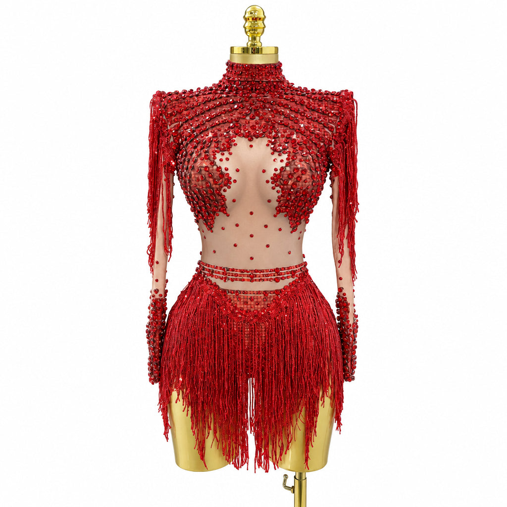 Rhinestone Bodysuit | Red Sequin Fringe