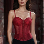 Wine Red Lace Mesh Bustier | Front Hook | Waist Cincher
