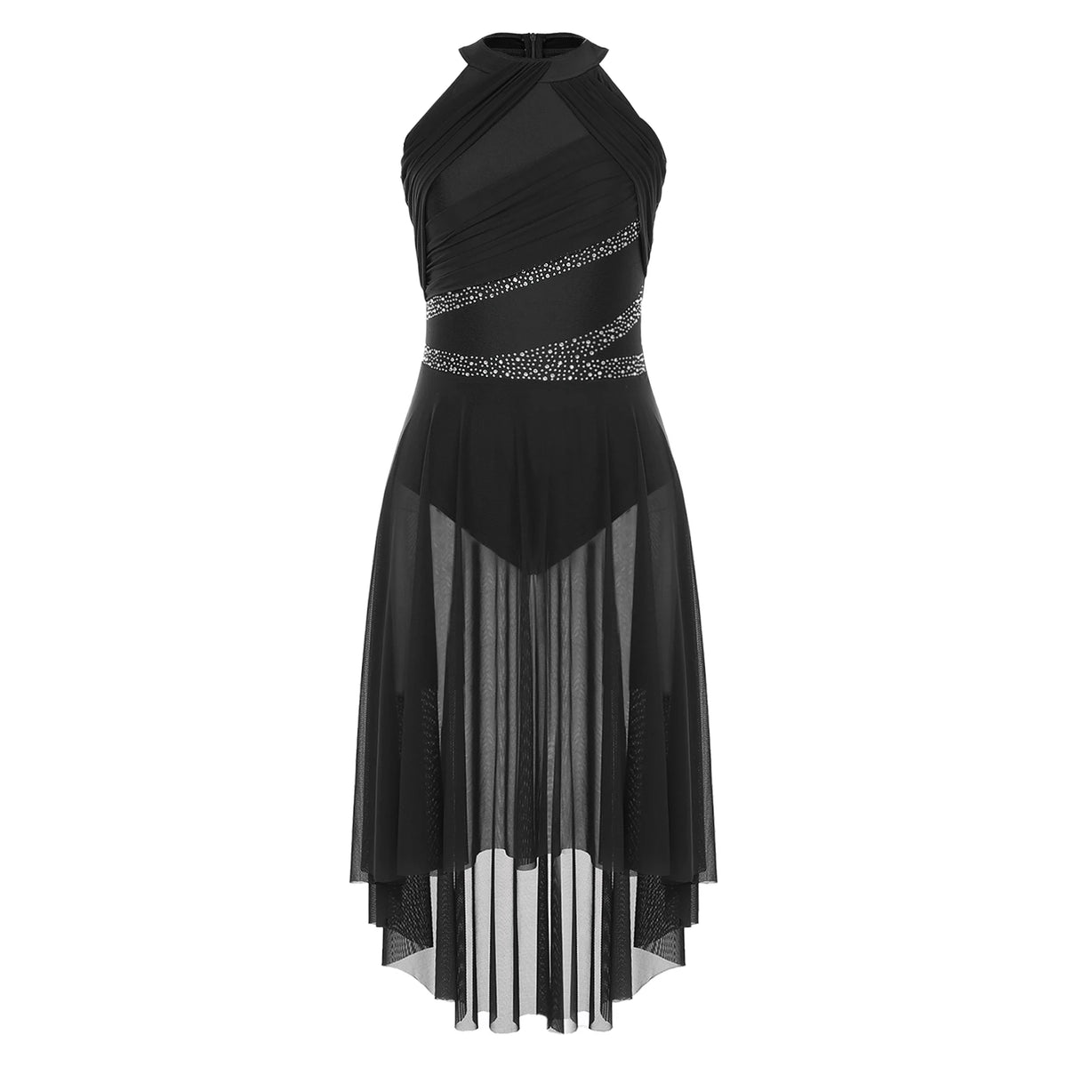 Lyrical Dance Dress | Rhinestone Asymmetric Mesh