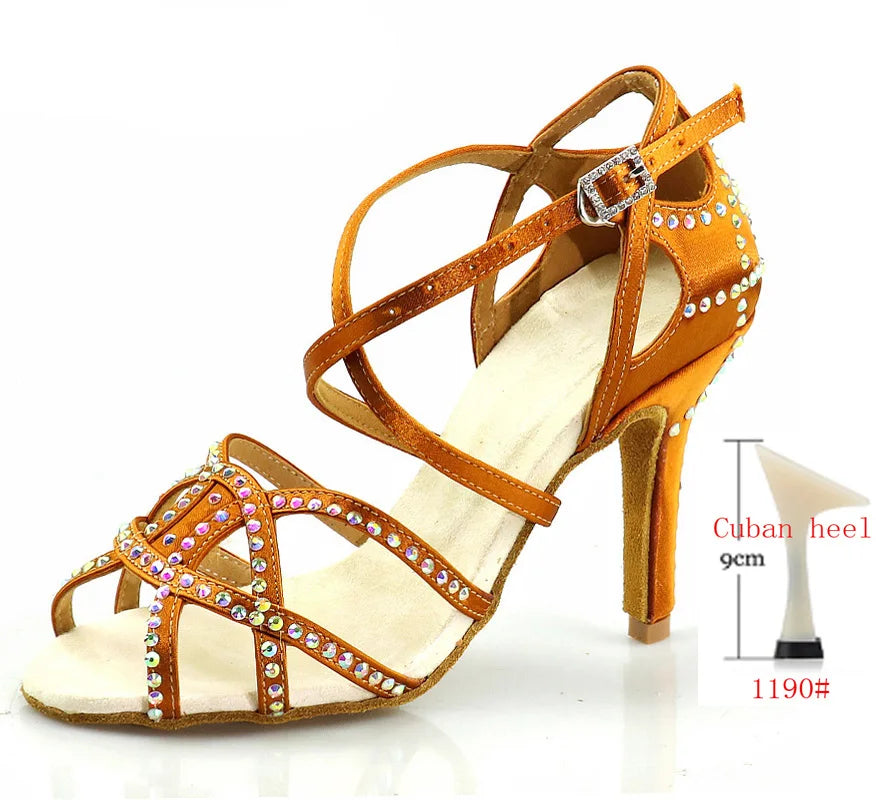 Bronze Rhinestone Latin Dance Heels | Satin | 5–10cm