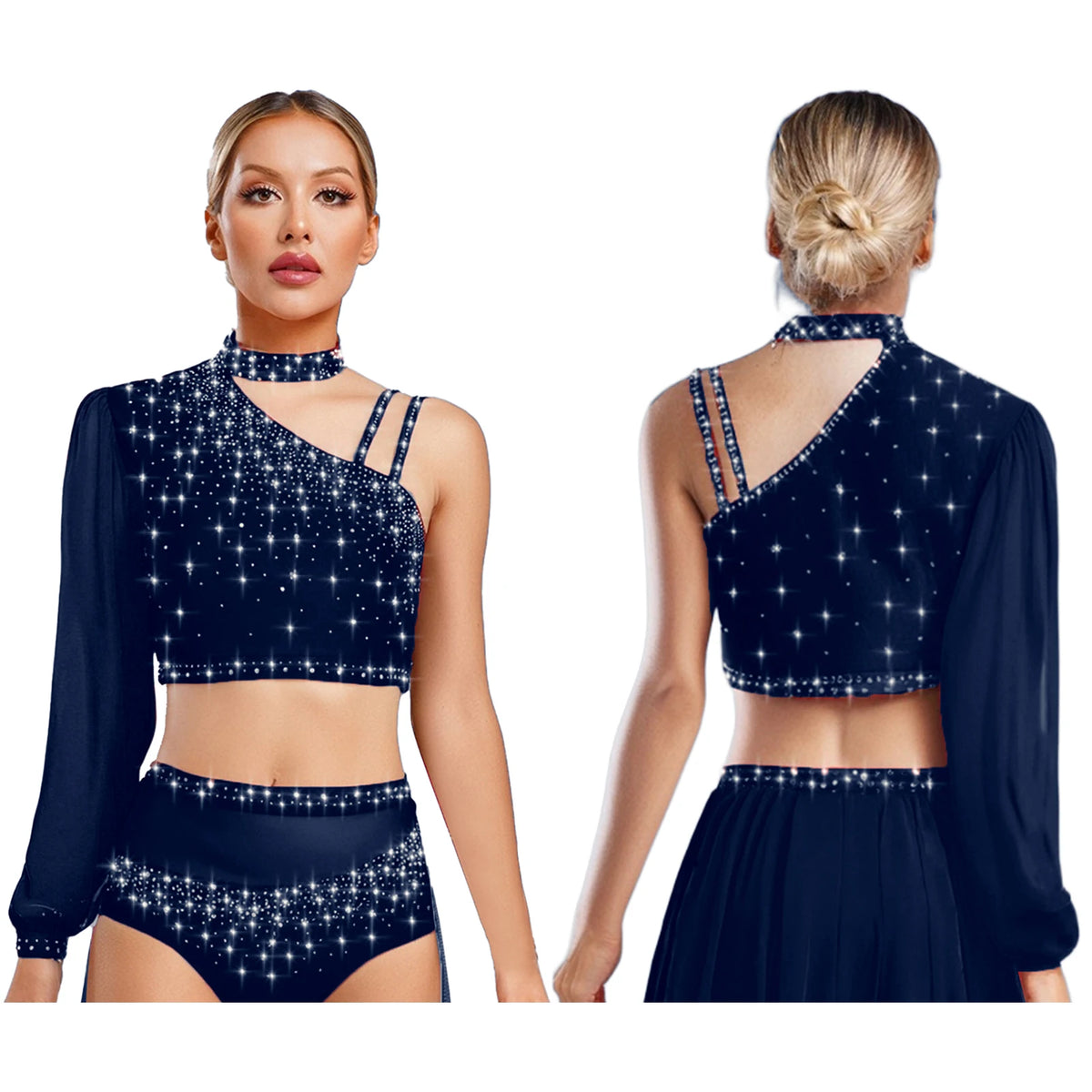 Rhinestone Asymmetric Dance Crop Top | One Mesh Sleeve | Latin Salsa Samba