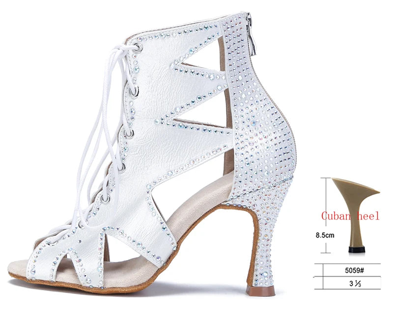 Rhinestone Lace-Up Latin Dance Booties | Black, Red, White & Nude | 6–9cm Heel