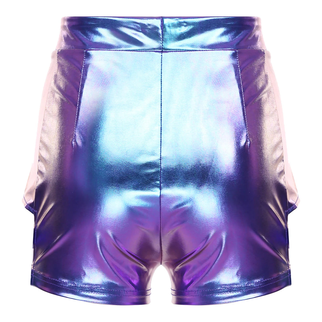 Holographic High-Waist Shorts | Cutout + Metal Buckles