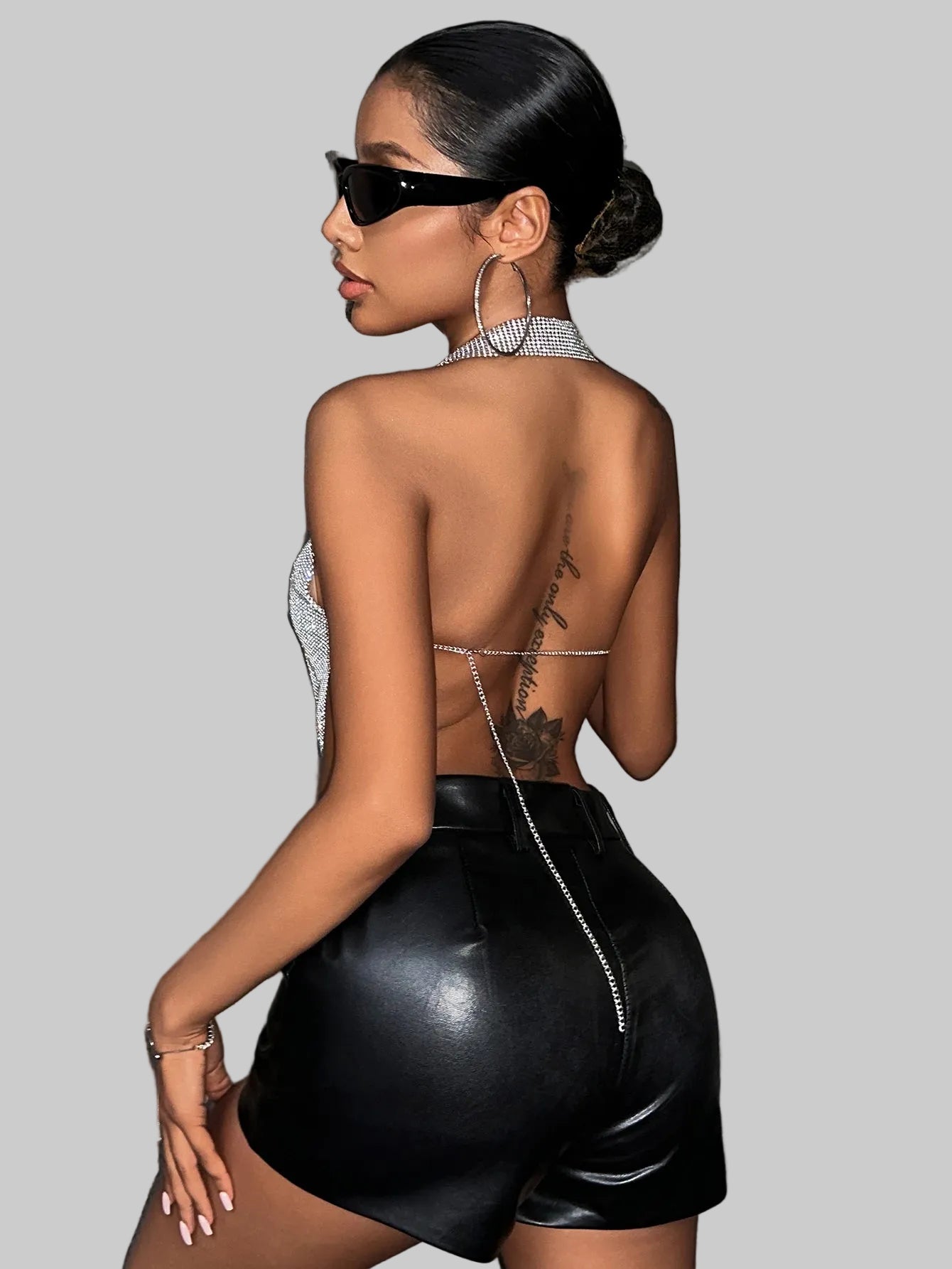 Rhinestone Chain Halter Crop Top - Metal Chain Strap Festival Top