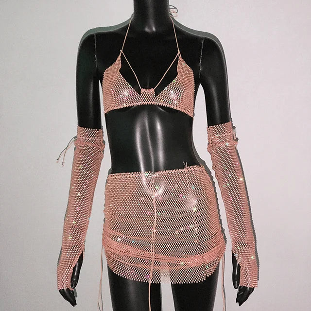Rhinestone Three-Piece Set - Backless Crop Top, Skirt & Sleeves