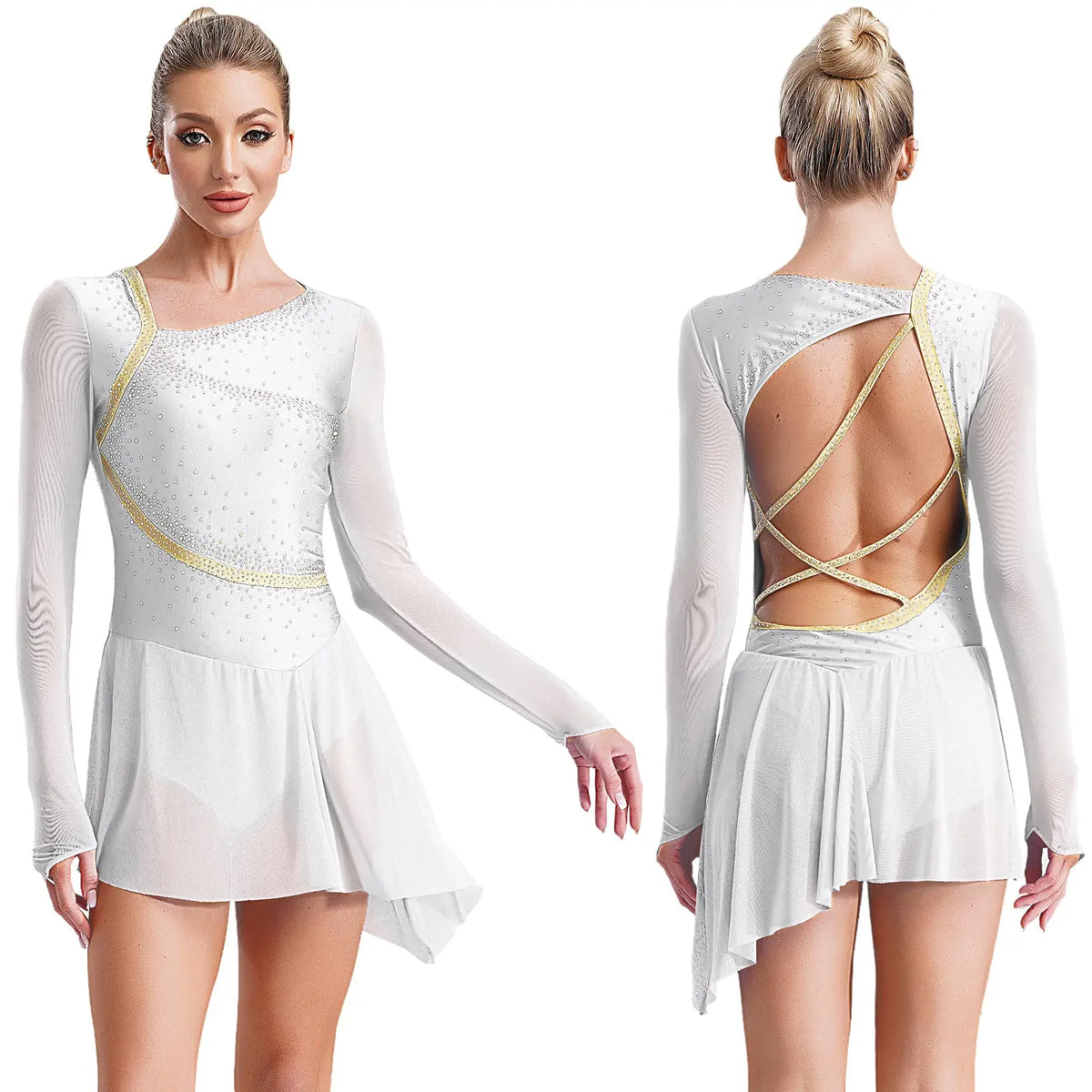 Rhinestone Mesh Skating Dress | Long Sleeve | Backless