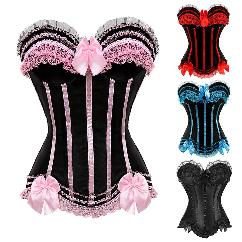 Striped Brocade Overbust Corset Top | Lace Trim & Bow | 10 Colours | S–6XL