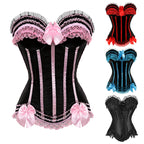 Striped Brocade Overbust Corset Top | Lace Trim & Bow | 10 Colours | S–6XL