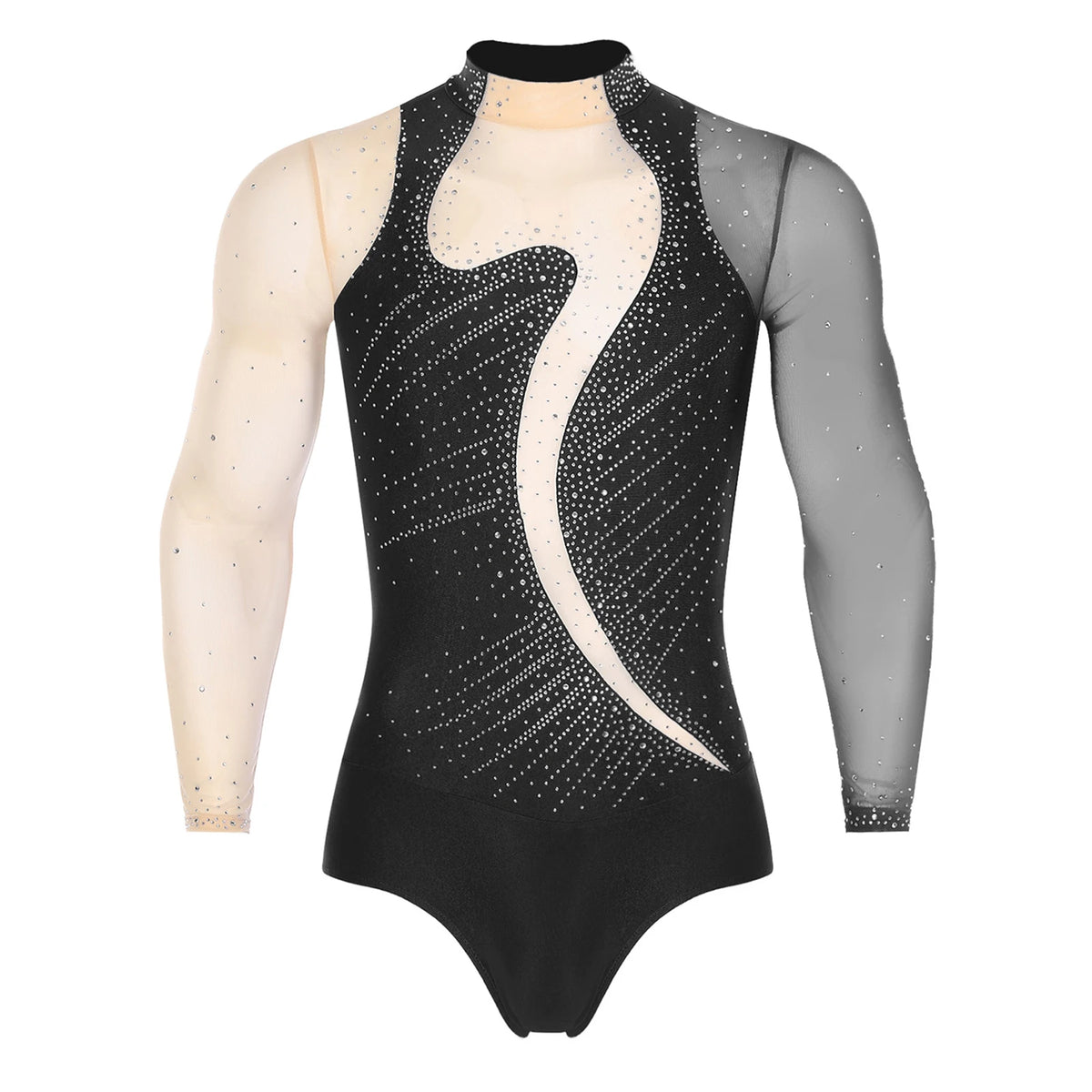 Men's Rhinestone Dance Leotard | V-Neck Lapel & Long Sleeve | Snap Crotch