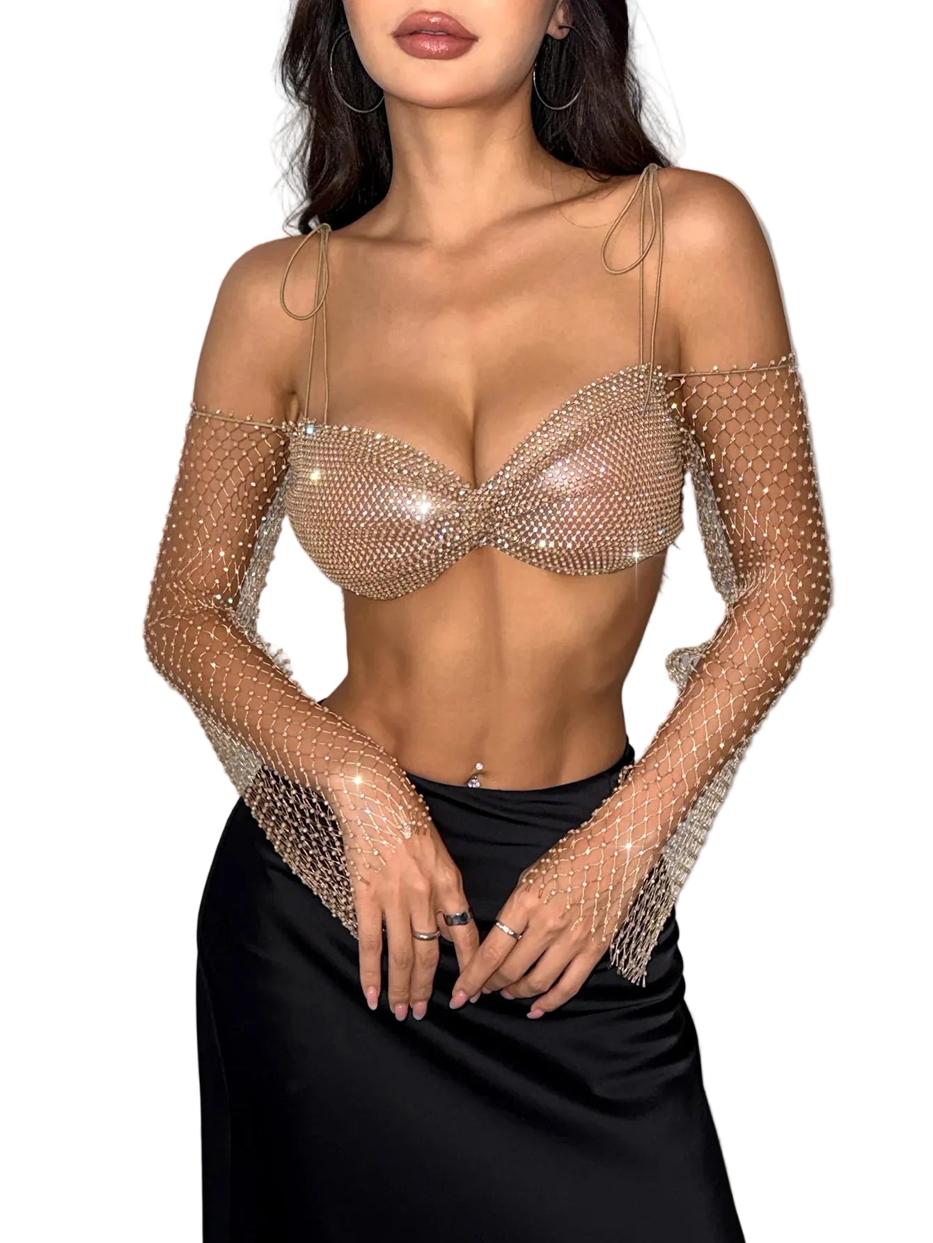 Rhinestone Mesh Long Sleeve Crop Top - Backless V-Neck