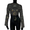 Rhinestone Fishnet Long Sleeve Crop Top - Sheer Mesh Party Top