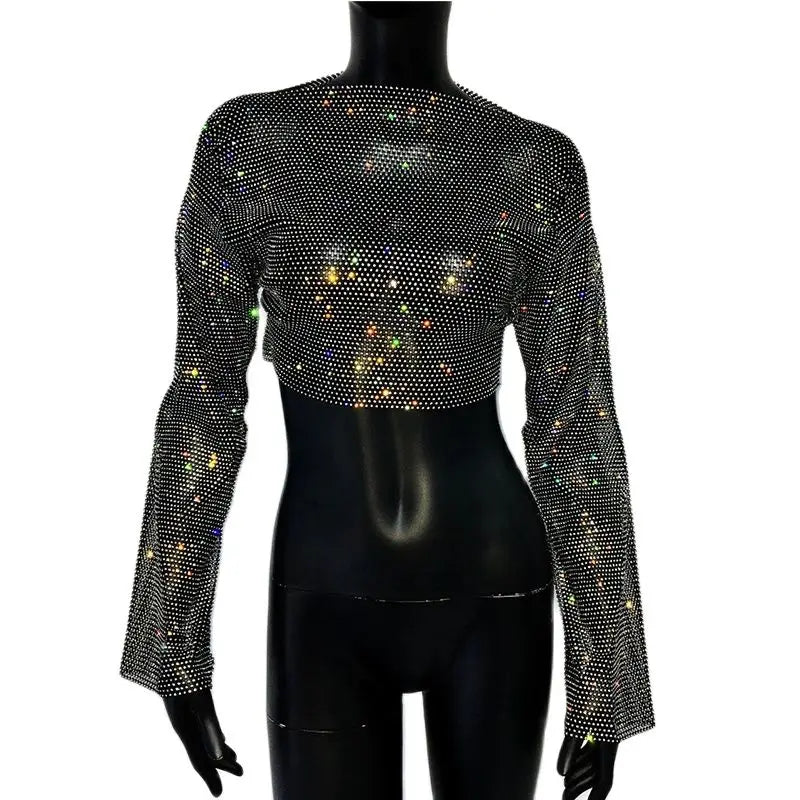 Rhinestone Fishnet Long Sleeve Crop Top - Sheer Mesh Party Top
