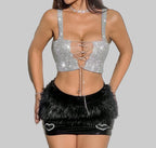 Rhinestone Metal Chain Crop Top - Backless V-Neck Camisole